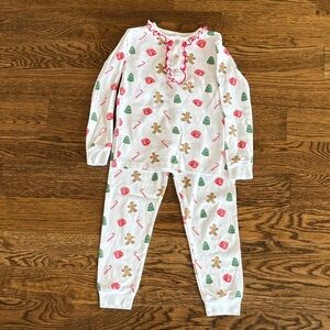 Little English Gingerbread and Tree Pajama Set - White with Red and Green